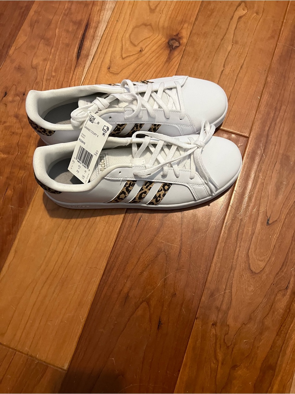 adidas Grand Court K White Sneakers with Leopard-Print Stripes
